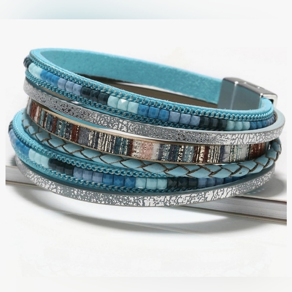 Turquoise Blue Faux Leather Multi-layered Magnetic Bracelet - Picture 3 of 3
